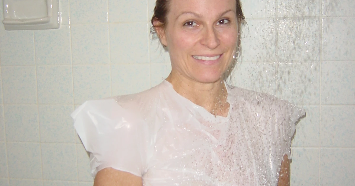 Lisa showering with trash bag